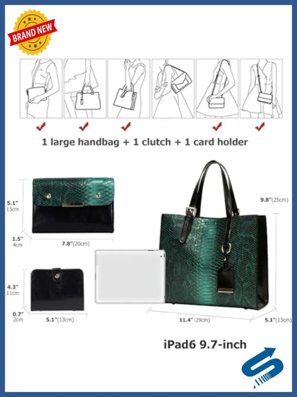 Crocodile Pattern Satchel Handbags Set PU Faux Leather Tote Clutch Wristlet